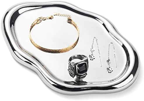 Jewelry Dish Tray, Ring Dish, Ceramic Trinket Tray, Small Key Tray, Mother's Day, Christmas, Thanksgiving, Birthday Gift for Mother Daughter Friends, Silver by CESTATIVO