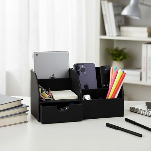 UnionBasic Desk Organizer - Multifunctional Leather Desktop Pen Holder Storage Box - Business Card/Pen/Pencil/Mobile Phone/Stationery Holder, Black - Image 6