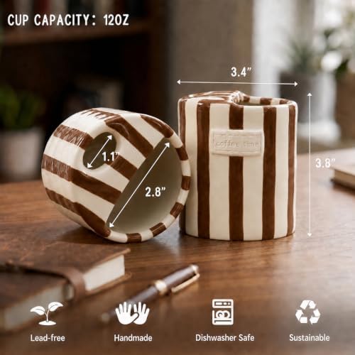 Ceramic Coffee Mug with Half Lid 12oz, Retro Striped - Image 6