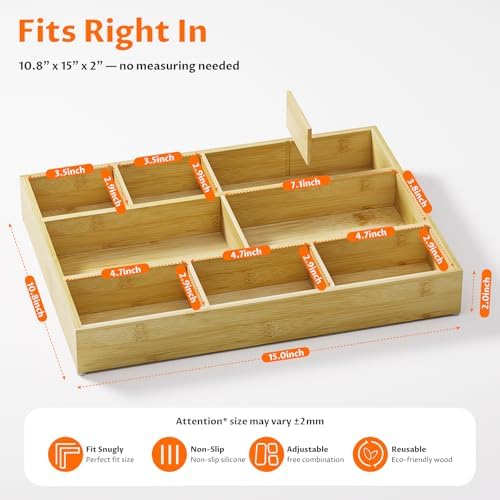 Bamboo Drawer Organizer with 9 Adjustable Compartments, Desk Storage Tray - Image 2