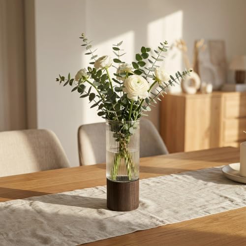 Glass Tube Vase with Wood Stand Rustic Striped Cylinder - Image 7