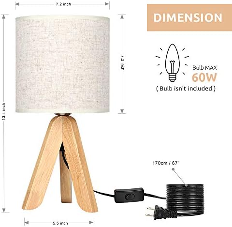 HAITRAL Small Bedside Table Lamp - Wooden Tripod Nightstand Lamp - Image 2