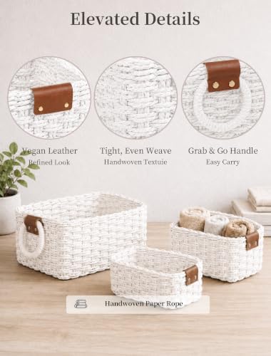 Small Wicker Baskets, 3 PCS Paper Rope Baskets for Shelves, White - Image 4