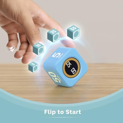 KADAMS Visual Timer – Cube Pomodoro Timer, LED Countdown Ring & Count Up Mode, Silent Flip Productivity Timer for Study, Classroom, Office, Cooking (Blue 5-10-25-50 min) - Image 2