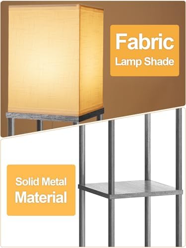 Floor Lamp with Shelves for Living Room, Shelf Floor Lamp with 3 CCT LED Bulb, Corner Display Standing Column Lamp Etagere Organizer Tower Nightstand with White Linen Shade for Bedroom, Dark Gray - Image 4