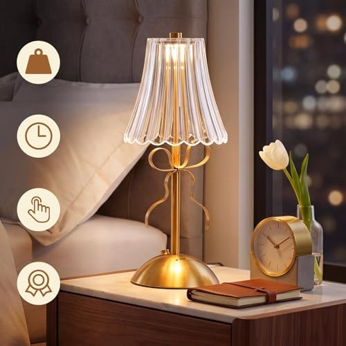 Liliful 2 Pcs Cordless Table Lamp LED Touch, Gold, Rose Style Bow - Image 5