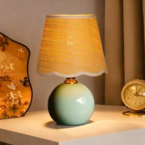 11.4" Green Ceramic Small Table Lamp with Scalloped Wavy Shade by URLIGHTS