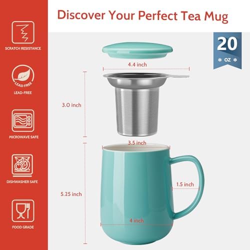 Sweese 20 OZ Porcelain Tea Mug with Infuser and Lid, Loose Leaf Tea Cup, Gifts for Tea Lover - Mint Green - Image 2