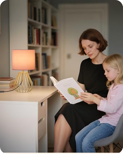 Pink and Gold Table Lamp, Small Bedside Lamp with Metal Base & Pink Linen Lampshade, Modern Nightstand Lamp, Little Cute Desk Lamp for Girl Kid's Room, 2700K LED Bulb Included, DP06TL05 - Image 4