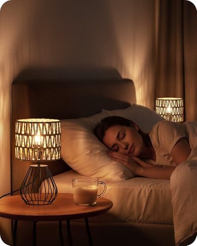 Rattan Table Lamp, Boho Table Lamp, Small Bedside Lamp, Handwoven Paper Lampshade, 2700K LED Bulb Included, Boho Desk Lamp, Modern Nightstand Lamp for Bedroom, Living Room, HW06TL05 - Image 3