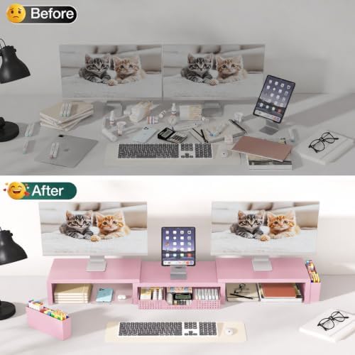 OPNICE Desk Organizer and Accessories, Computer Monitor Stand Riser with Drawer and 2 Pen Holders, Laptop Stand, Office Desk Accessories for Office Supplies, Pink - Image 6