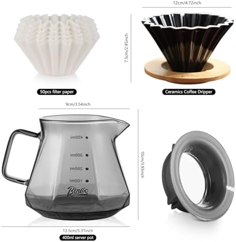 Bincoo 400ML Pour Over Coffee Maker Set with Filter Paper,Ceramic Coffee Dripper with Wood Stand Set for 1-2 Cups-Professional Brewing Tools for Pour Over & Drip for Home Office (Black) - Image 4