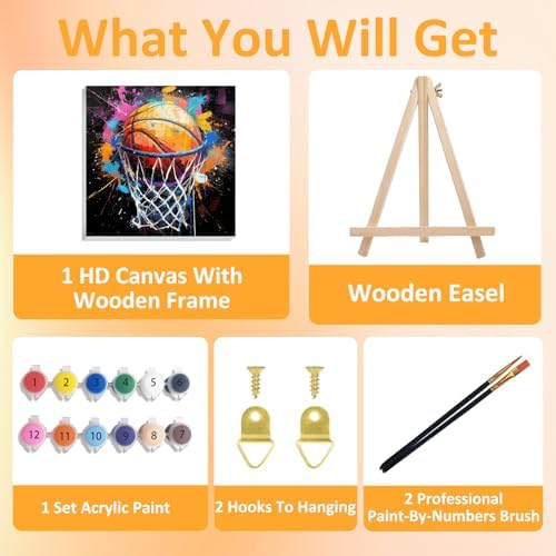 Basketball Paint by Numbers Kit for Kids, with Frame and Easel, 8x8 inch - Image 4