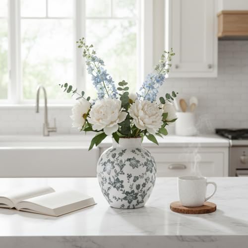 SIDUCAL Ceramic Vintage Vase, 5.83 Inch Retro Ice Cracked Chinoiserie Floral Vase, Rustic Farmhouse Vases for Home Decor, Bookshelf, Garden, Chinoiserie Decor, Tuscan Decor, Gray Floral Pattern - Image 6