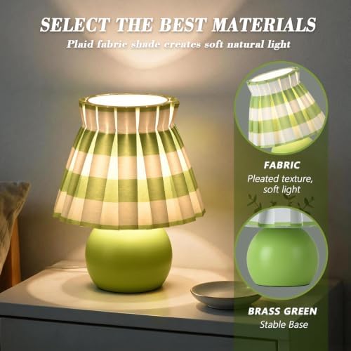 Ziqqeelam Green White Plaid Small Bedside Table Lamp, Round Green Base Nightstand Lamp, Cute Mini Table Lamp with Pleated Shade for Bedroom, Kitchen Counter, Bookshelf, Living Room, Kids Dorm - Image 4