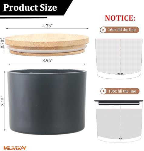 MILIVIXAY 6 Pack 16 oz Candle Jars with Bamboo Lids and Candle Making Kits - 3 Wick Candle Jar,Bulk Empty Matte Black Thick Glass Jars for Making Large Candles - Spice, Powder Containers. - Image 3