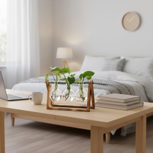XXXFLOWER Plant Terrarium with Wooden Stand, Air Planter Bulb Glass Vase Metal Swivel Holder Retro Tabletop for Hydroponics Home Garden Office Decoration - 3 Bulb Vase - Image 5