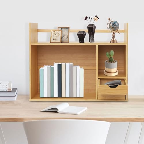 Bamboo Desk Organizer and Shelf Unit, 2-Tier Desktop Bookshelf with 2 Drawers, Sturdy Natural Tabletop Storage for Office Home Students, Space Saver, 22.83 * 18.11in, Holds 110lbs - Image 5