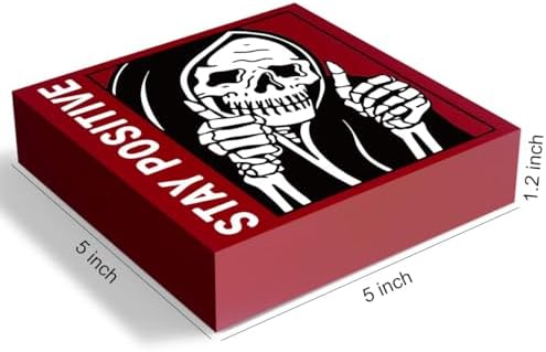 Halloween Decoration Gothic Skull Decor - Stay Positive Skulls Sign for Home Office Desk Accessories - 5 x 5 Inches (Red) - Image 2