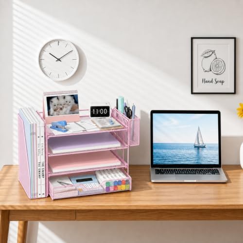 OPNICE Desk Organizers and Accessories, 4-Tier Desktop File Organizer with Drawer and Pen Holders, Office Desk Accessories Workspace Organizers for Office Supplies (Soft Pink) - Image 6