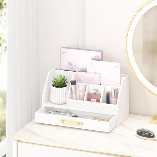 Bamboo Desk Organizer with Drawers, Mail Organizer Countertop Wood Desk Drawer Tabletop Storage Organization Pen Holder Letter Sorter Makeup Organizer for School Home Office (White) - Image 6