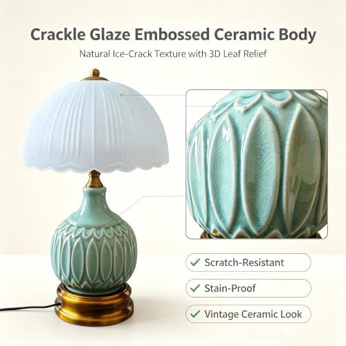 Vintage Ceramic Table Lamp, Green Nightstand Lamp with Pleated Glass Shade, Decorative Desk Lamp for Bedroom Living Room Dining Room - Image 4