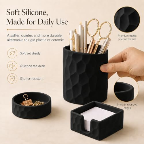 Aesthetic Geometric Silicone Desk Organizer Set of 3,Modern Office Desk Accessories with Round Pen Holder,Paperclip Tray,Sticky Note Holder,Stylish Functional Desk Decor for Home Office(Black) - Image 5