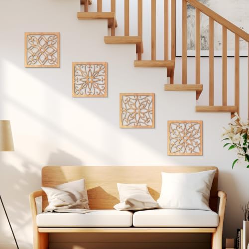 KOYILTD 4 Pcs Thicken Wooden Wall Art Rustic Farmhouse Flower Wall Art - Image 6