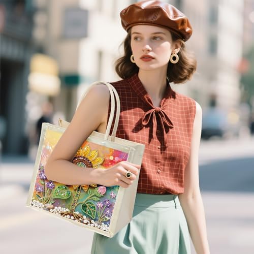 Xylzzuit DIY Pearl Painting Canvas Tote Bag Kit 11.42IN Diamond Art Handbag for Women Shopping Grocery Bag Dots Beads Art Craft Gift (Sunflower) - Image 3