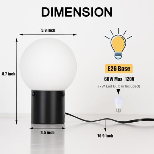 Somniferous Small Table Lamps Set of 2, Black Table Lamp with Frosted Glass Globe Shade, Mid Century Modern Bedside Lamps, Nightstand Lamps for Bedroom Living Room Dorm, 7W LED Bulb Included - Image 3