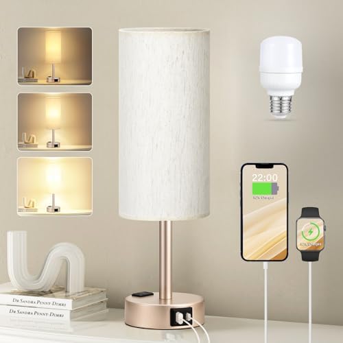 Antique White Bedside Table Lamp, Dimmable Touch Lamp, USB A+C, AC Outlet by Fenmzeelighting