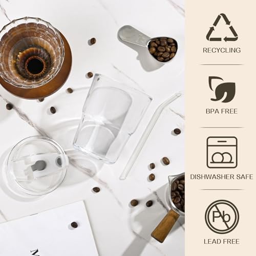 AUFXKOO13oz Glass Tumbler with Straw and Lid，2 Pack Iced Coffee Cups with lids Reusable,Glass to go Coffee Cup,Glass Cups with Lids for Drinking Matcha, Coffee, and Juice. - Image 3