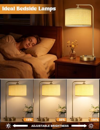 20.7" Gold Table Lamp with USB & Outlet, Fully Dimmable Nightstand Lamp - Image 3