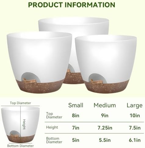 8/9/10 Inch Self Watering Pots, Plastic Flower Pots with Multi Mesh Drainage Holes and Water Level Indicator & Deep Reservoir for Indoor Outdoor Garden Plants and Flowers (White) - Image 6