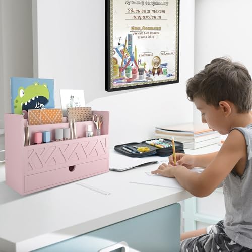 Wisuce Bamboo Mail Organizer with Drawer, Countertop Desk Organizer (Pink) - Image 7