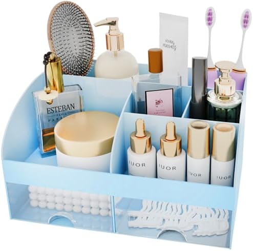 Makeup Organizer with Drawers, Cosmetic Storage for Dresser Vanity and Bathroom Countertop, Beauty Holder for Lipstick Brush, Skincare Organizer for Vanity, Cosmetic Display Case (Blue) - Image 2