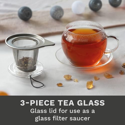 Creano Jumbo Tea Cup with Handle and Integrated Stainless Steel Strainer, Glass lid and Saucer - 15oz (450ml) - Image 3