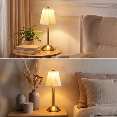 Liliful 2 Pcs Cordless Table Lamp LED Touch, Gold, Linen Fabric - Image 6