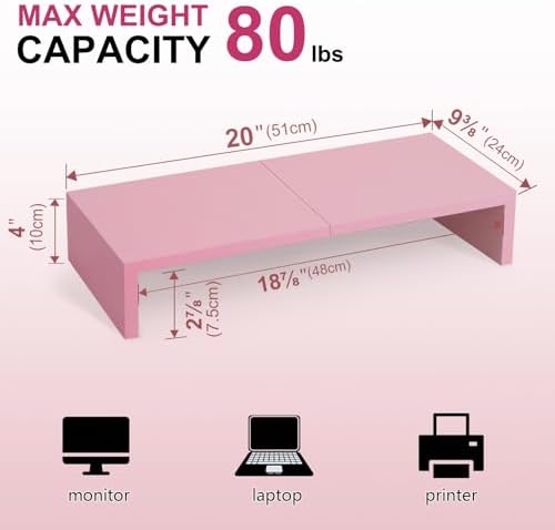 TEAMIX 2 Pack Pink Monitor Riser-20L inch, Cute Monitor Stand for Desk, Wood Sturdy TV/Screen/PC/Printer/Laptop Riser, Computer Shelf with Storage Desktop Organizer for Home Office - Image 4