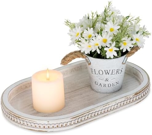 Hanobe 15" White Oval Decorative Trays for Coffee Table Decor, Beaded Edge by Hanobe