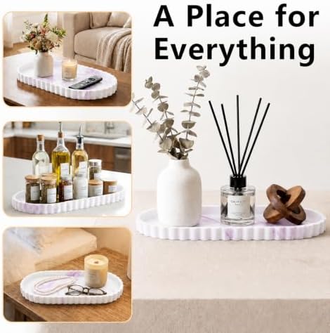 Silicone Bathroom Tray - 12''x5.3'' Oval Vanity Tray for Bathroom Countertop with Scalloped Edge, Elegant Bathroom Holders and Organizers for Toilet Top, Bathtub Caddy, Marble White Purple - Image 5