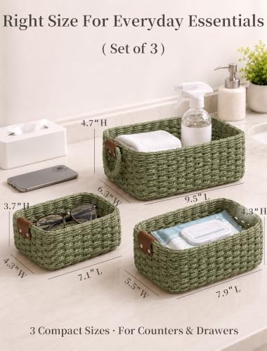 Small Wicker Baskets, 3 PCS Paper Rope Baskets for Shelves, Green - Image 2
