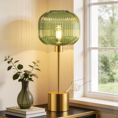 QiMH Glass Table Lamp for Living Room, Modern Bedside Lamp with Green Ribbed Glass Shade, 3-Way Dimmable Touch Control Nightstand Lamp for Bedroom, Brushed Gold (2700K LED Bulb Included) by Qimh