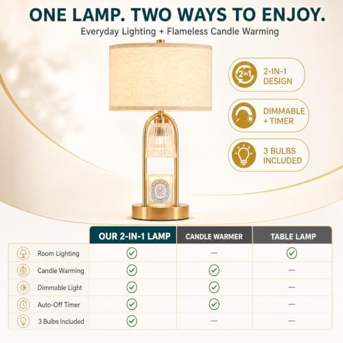 2 in 1 Large Gold Candle Warmer and Table Lamp Combo, Timer & Dimmer - Image 5