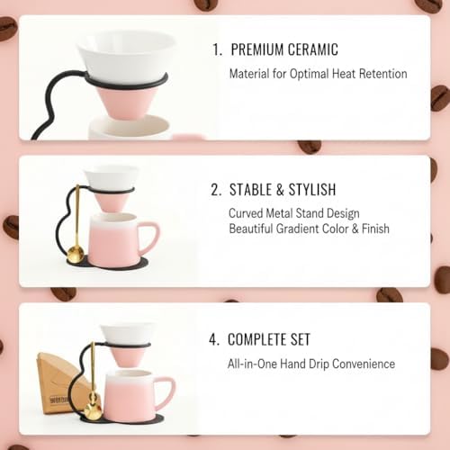 Pour Over Coffee Maker set,Ceramic Coffee Maker With V60 40 pcs Paper Filter，Metal Stand 9oz 270ml mug Pour Over Coffee Dripper Pink - Image 4