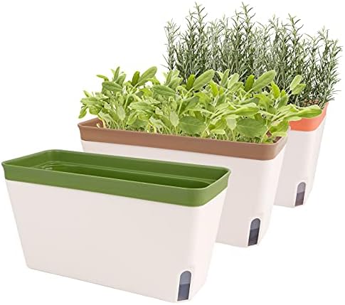 OurWarm Windowsill Herb Planter Box Indoor Set of 3, 10.5 Inch Self Watering Planter Pots with Visual Water Level Window, Modern Plastic Plant Pots for Herbs, Vegetables, Succulents Plants by OurWarm