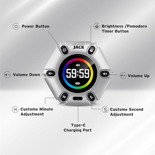 Printers Jack Pomodoro Timer - Productivity Cube, Visual Focus Timer, Mute & Vibration & Adjustable Sound Alert, for Office, ADHD, Study, Work, 3/5/10/25/30/60min & Custom Countdown - Silver - Image 3