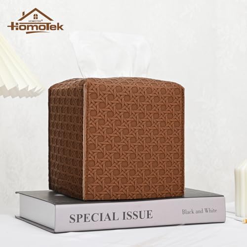 HOMOTEK 1 Pack Tissue Box Cover, Square PU Leather Tissue Holder, Decorative Facial Tissue Cube Paper Organizer Dispenser for Bathroom, Night Stands, Desk, Car 5X5X5'' - Rattan Weave, Chocolate - Image 5