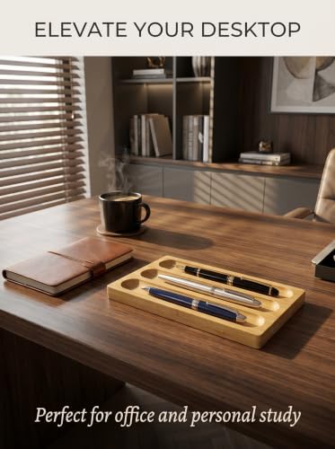 Natural Bamboo 3 Slot Pen Tray, Wooden Pen Holder Desk Organizer for Fountain Pens, Markers, Makeup Brushes, Minimalist Office Desk Storage Tray - Image 2