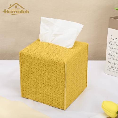 HOMOTEK 2 Pack Tissue Box Cover, Square PU Leather Tissue Holder, Decorative Facial Tissue Cube Paper Organizer Dispenser for Bathroom, Night Stands, Desk, Car 5X5X5'' - Rattan Weave,Mango Yellow - Image 4